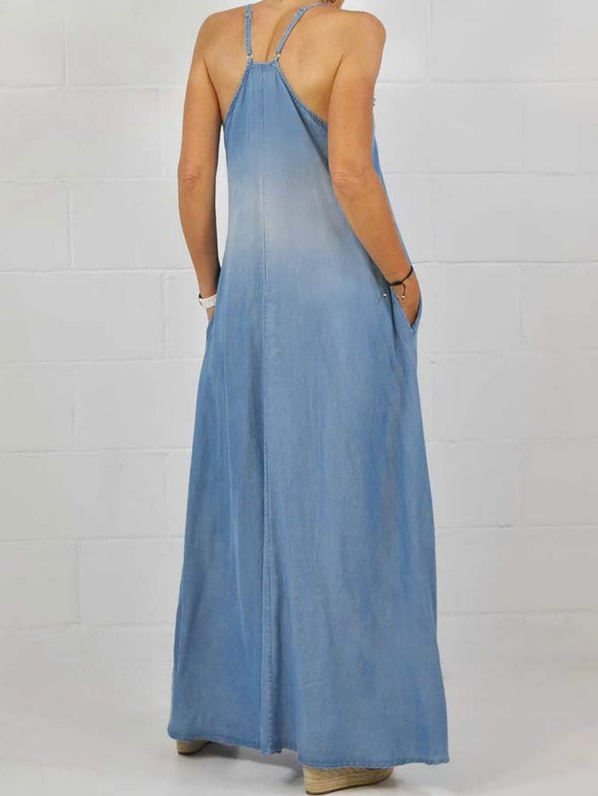 Deep V Neck Spaghetti Strap Frayed Trim Side Pocket Maxi Dress