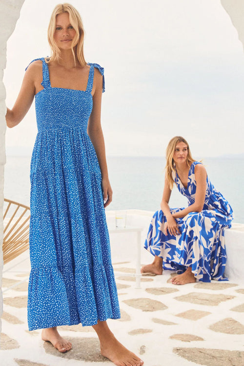 Square Neck Smocked Bow Strap Ditsy Floral Tiered Maxi Dress
