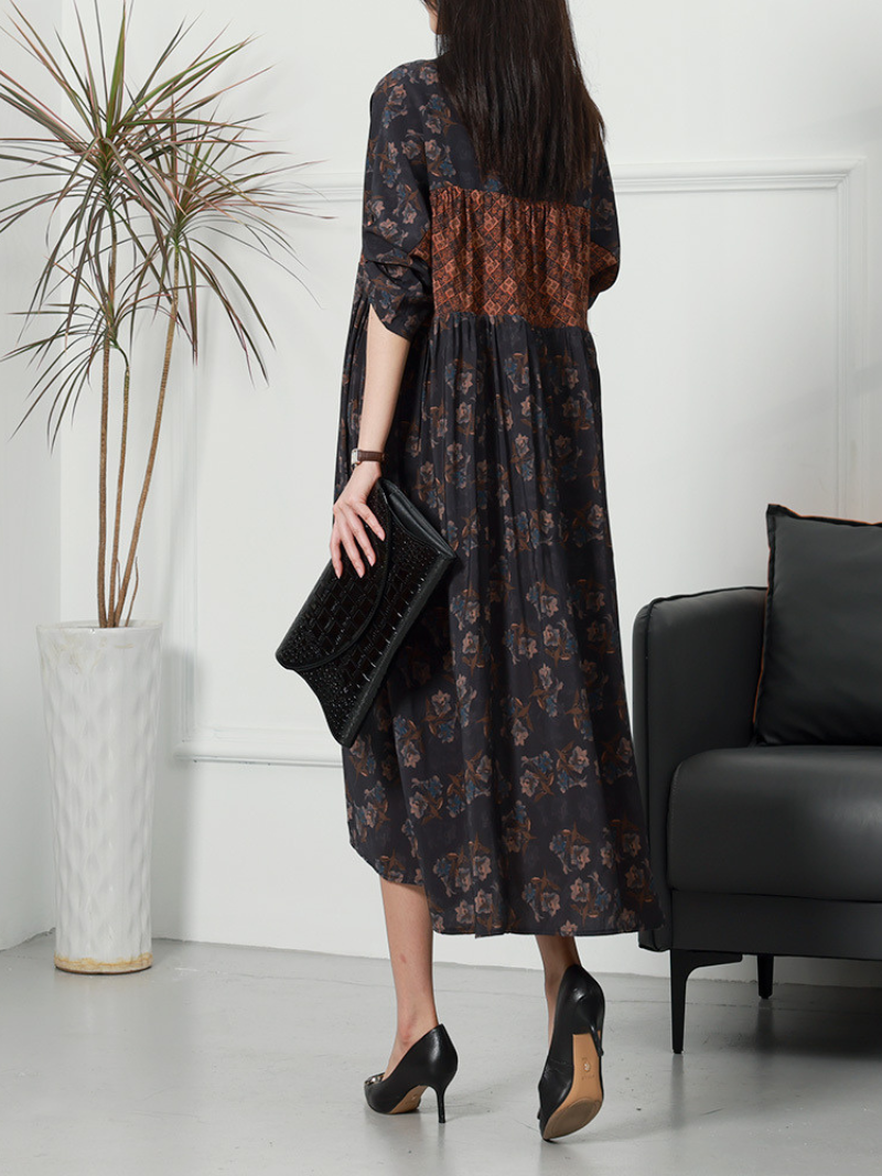 Floral Button Front Shirt Dress With Contrast Geometric Panel Midi Dress