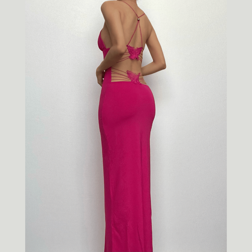 Butterfly Applique Criss Cross Strap Backless Printed Bodycon Maxi Dress