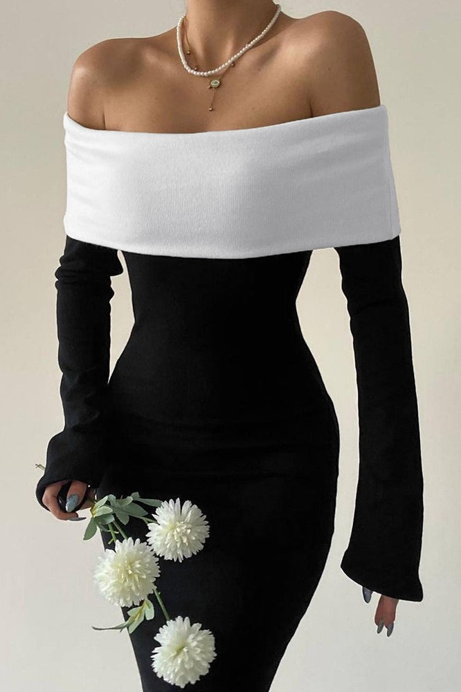 Colorblock Off Shoulder Bodycon Maxi Dress