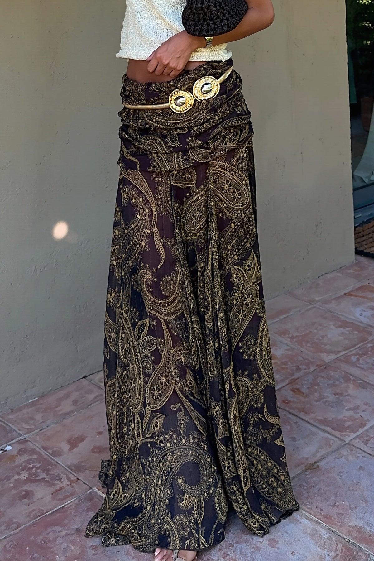 Boho Brown Paisley Print Maxi Skirt