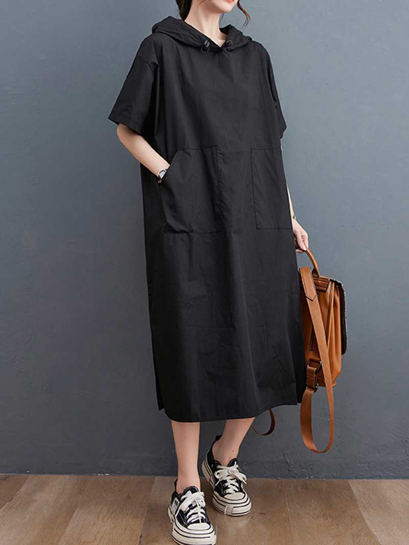 Hooded Long Sleeve Kangaroo Pocket Midi Dress