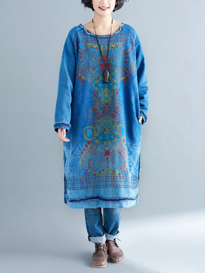 Round Neck Raw Edge Mandala Print Side Slit Oversized Tunic Dress