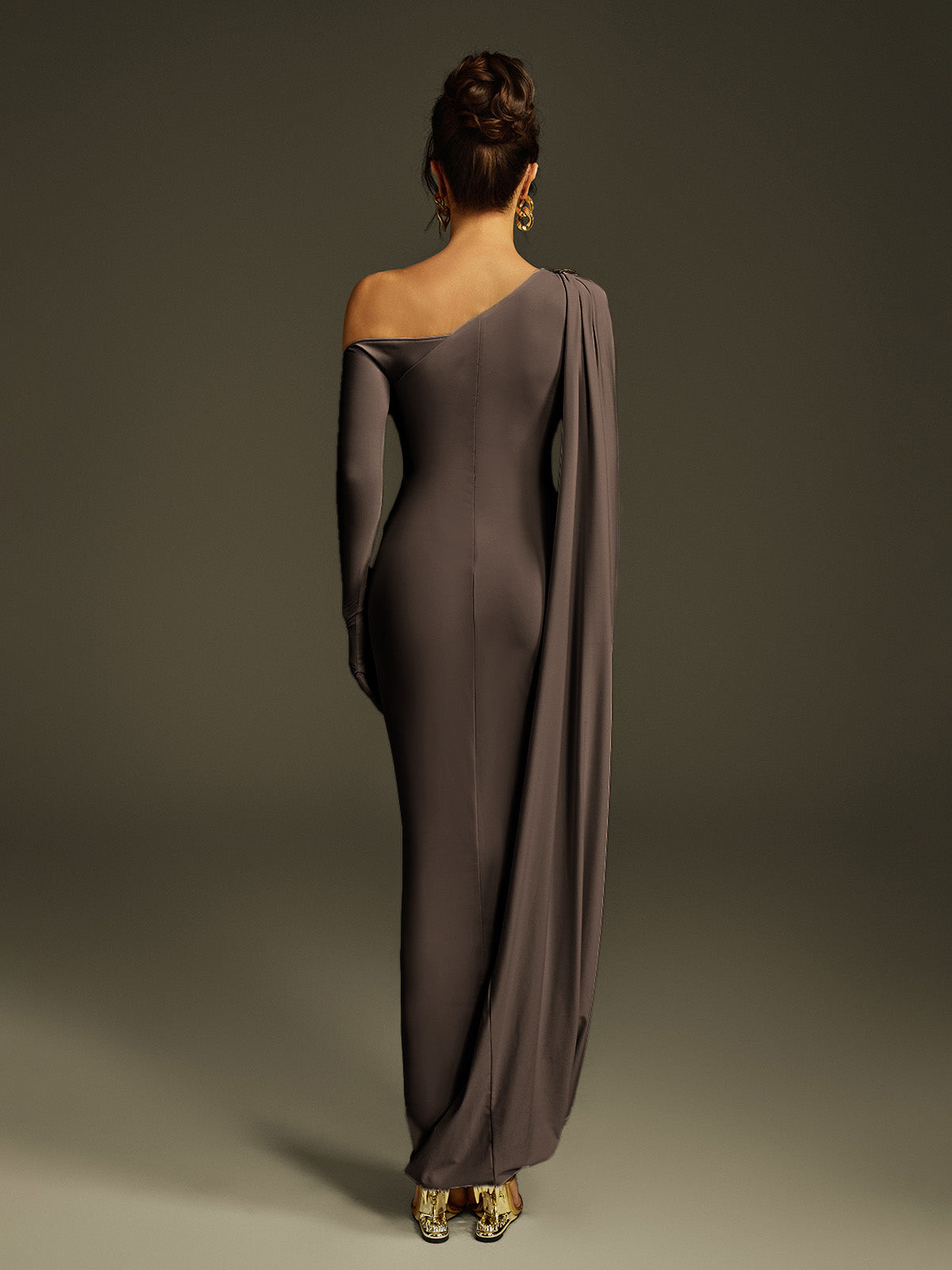 One Shoulder Cape Sleeve Drape Ruched Maxi Dress With Opera Glove