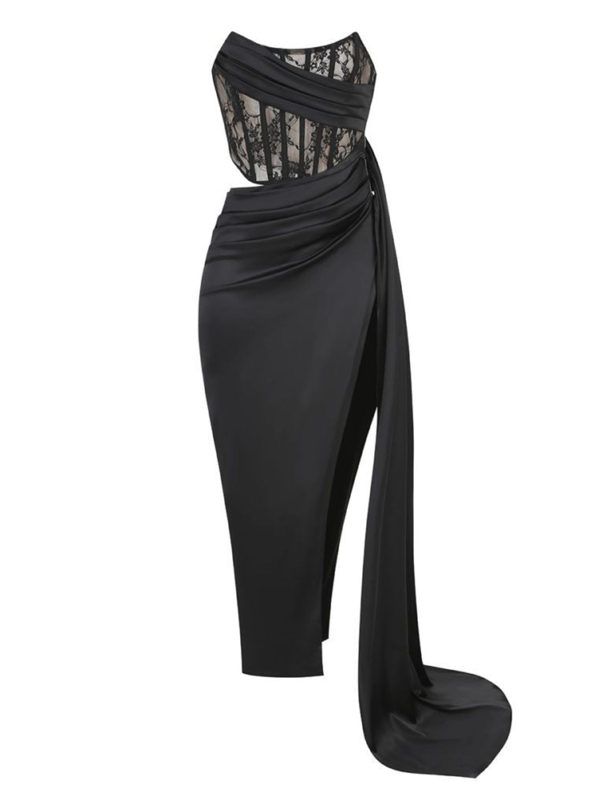 Strapless Lace Corset Crop Top Satin Draped High Slit Maxi Skirt Set