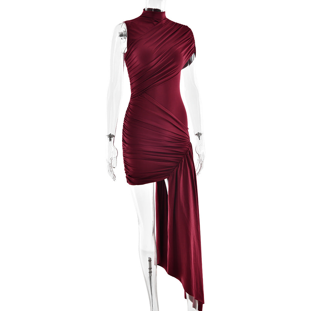 Mock Neck Asymmetric Drape Ruched Mini Dress