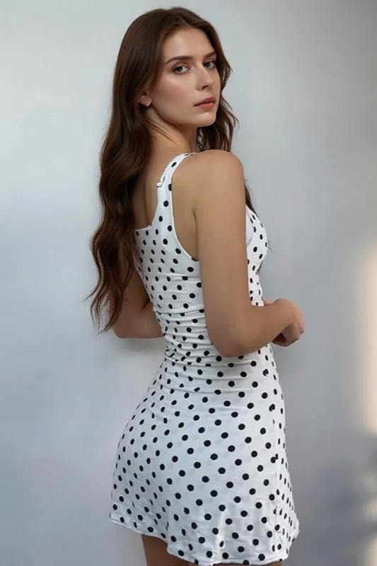 Polka Dot Deep V-Neck Keyhole Tie Front Bodycon Mini Dress