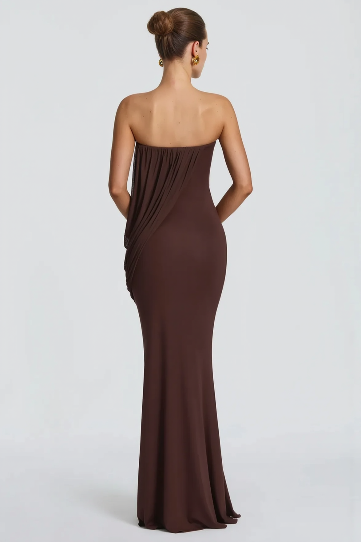 Strapless Diagonal Drape Panel Pleated Overlay Column Maxi Gown