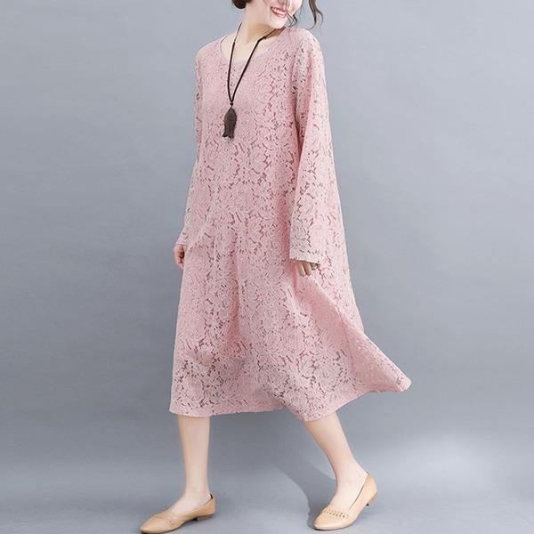 Round Neck Three Quarter Sleeve Floral Lace Overlay Shift Midi Dress