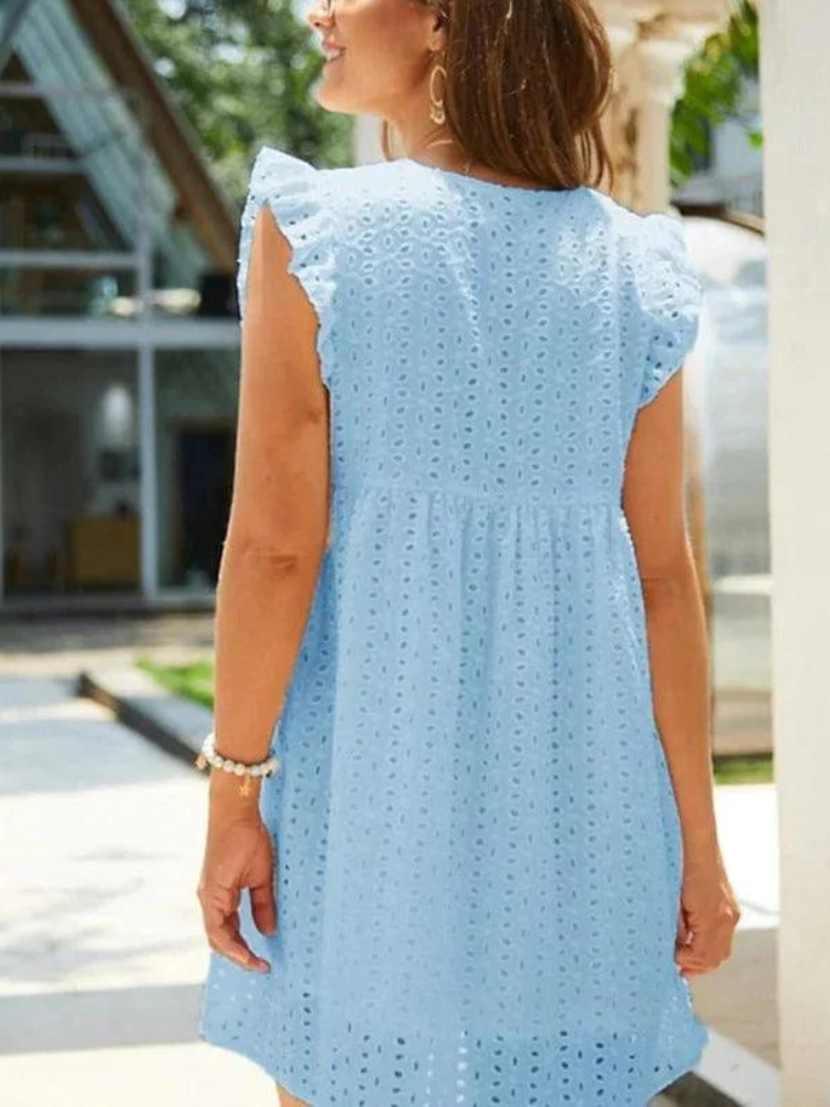 Surplice V Neck Flutter Sleeve Eyelet Empire Mini Dress