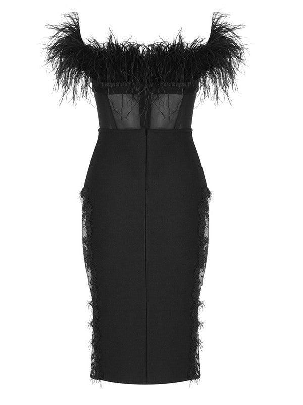 Strapless Feather Trim Mesh Corset Lace Panel Bandage Midi Dress