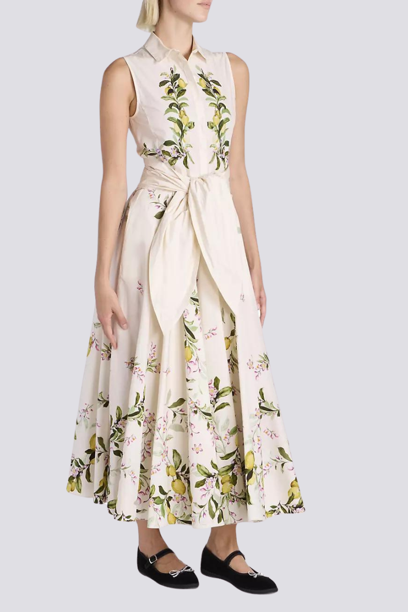 Lemon Floral Print Collared Button Front Tie Waist Midi Shirt Dress