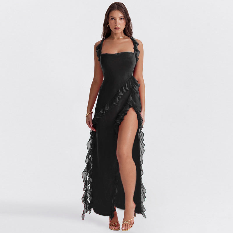 Square Neck Ruffle Strap Side Slit Cascade Ruffle Trim Maxi Gown