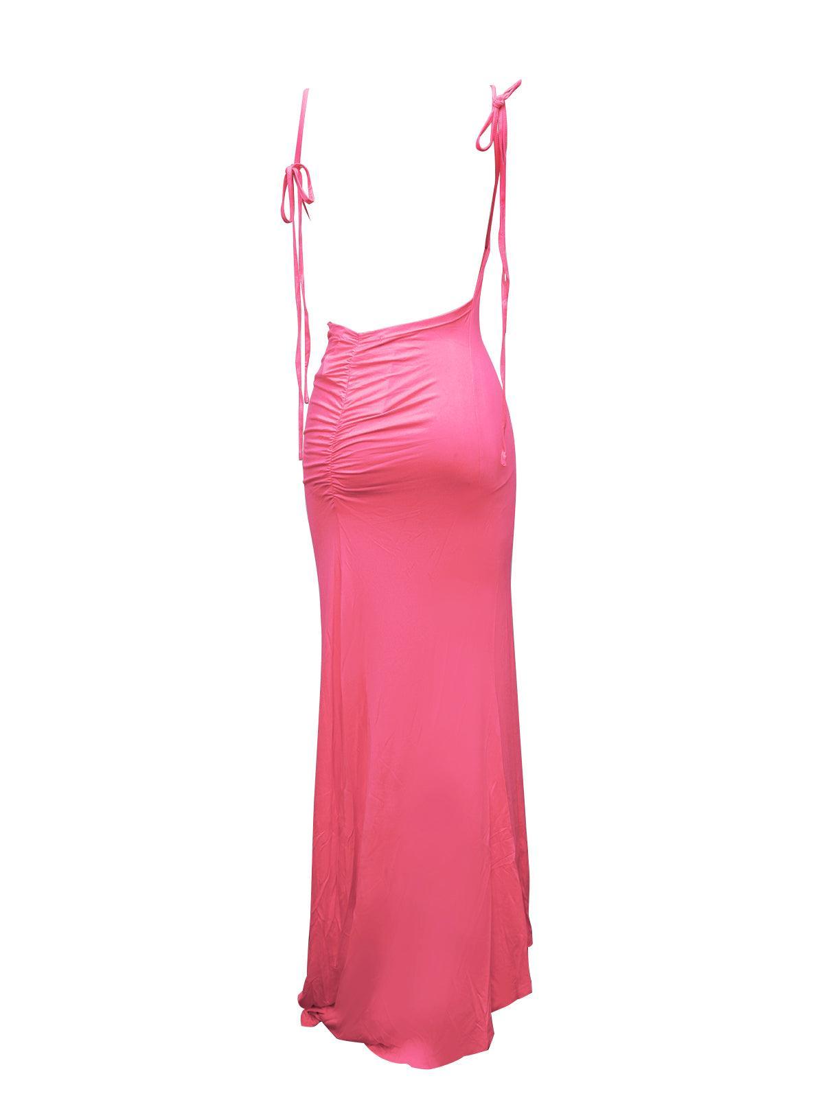 Tie Shoulder Open Back Ruched Bodycon Maxi Dress