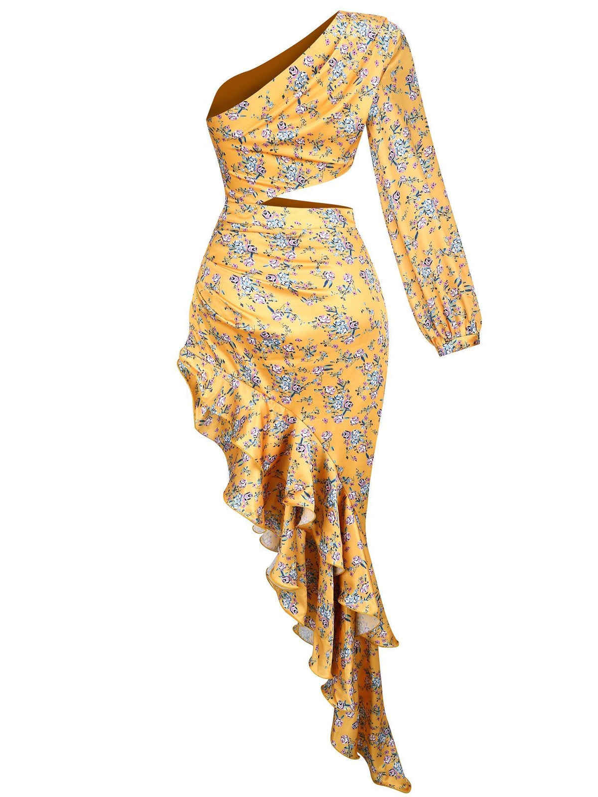 One Shoulder Lantern Sleeve Cutout Ruched High Low Floral Maxi Dress