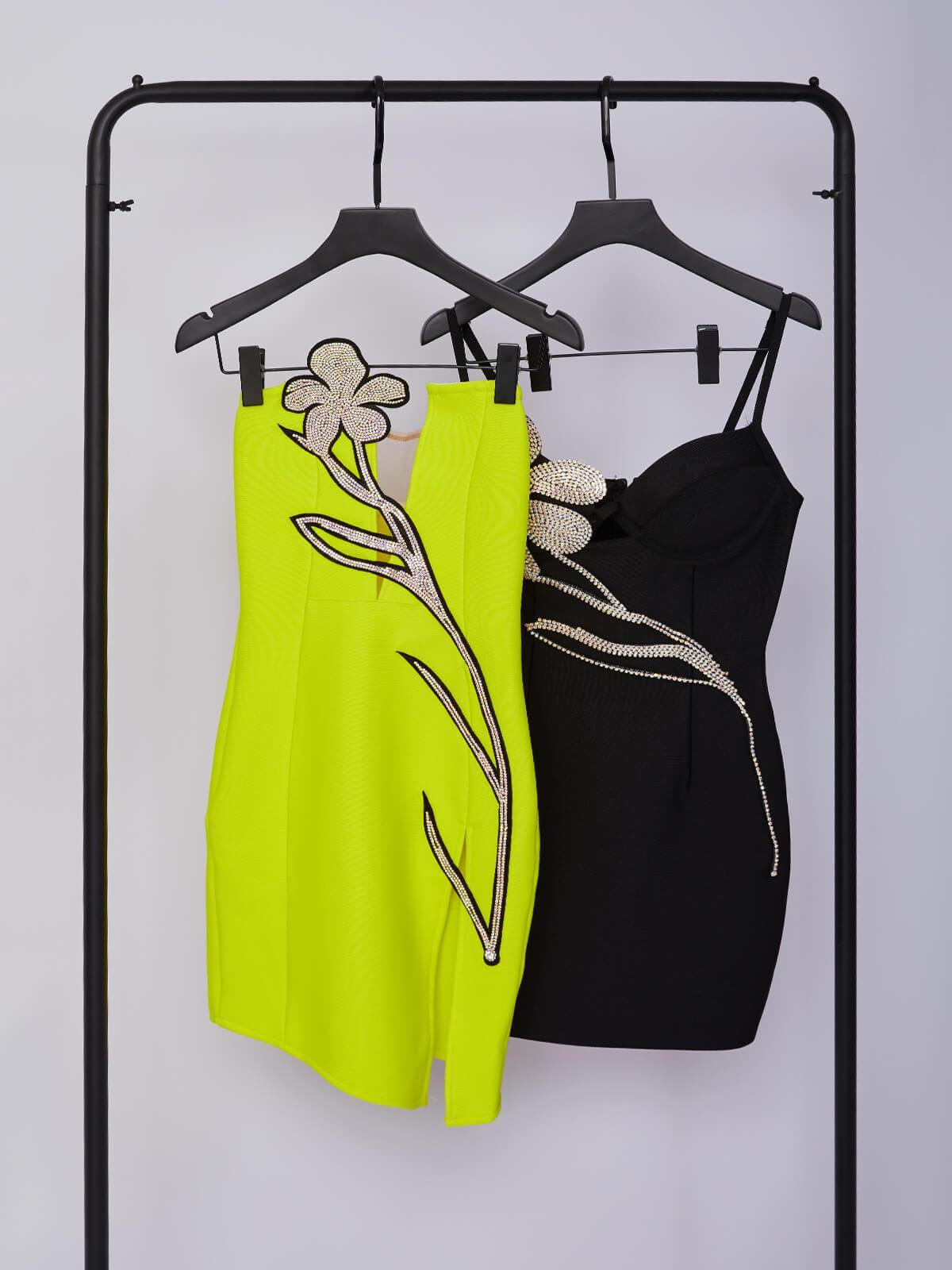Spaghetti Strap Sweetheart Cutout Rhinestone Floral Vine Bandage Mini Dress