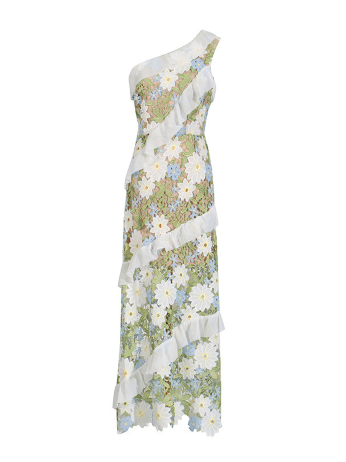 One Shoulder Ruffled Floral Lace Diagonal Tiered Ruffle Maxi Dress