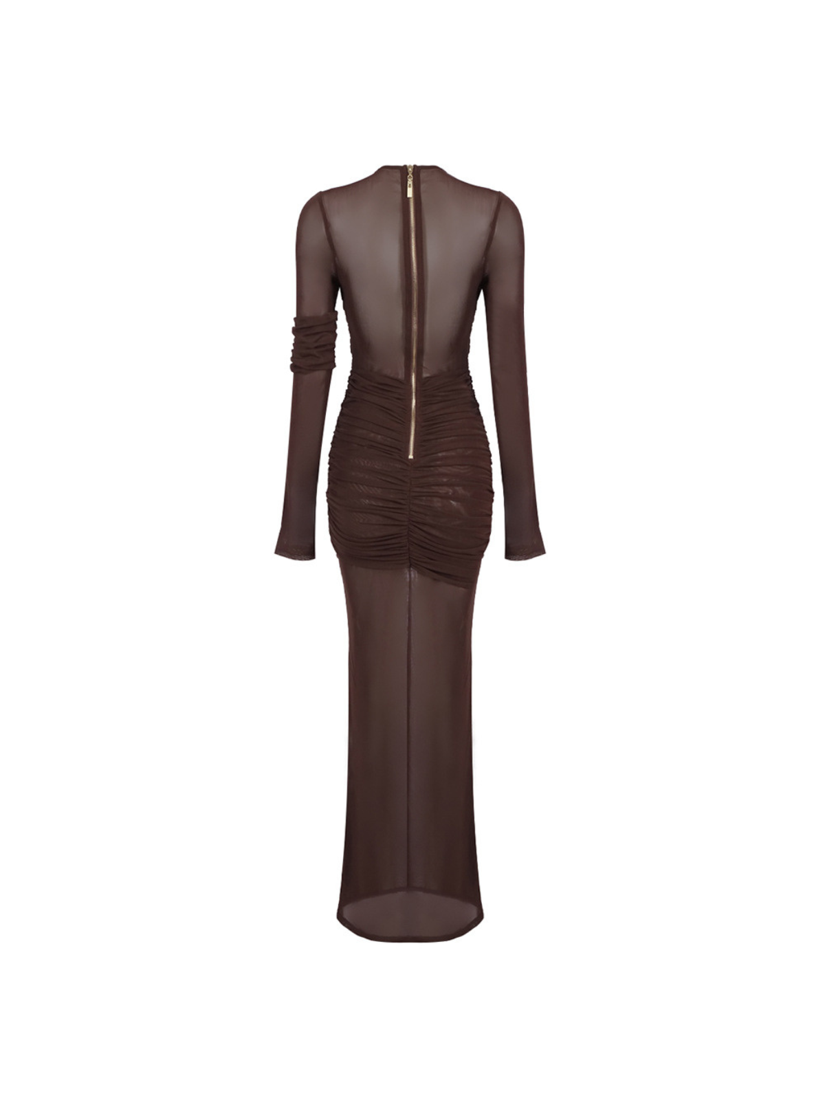 Round Neck Long Sleeve Crossover Draped Mesh Cutout Ruched Sheer Overlay Maxi Dress