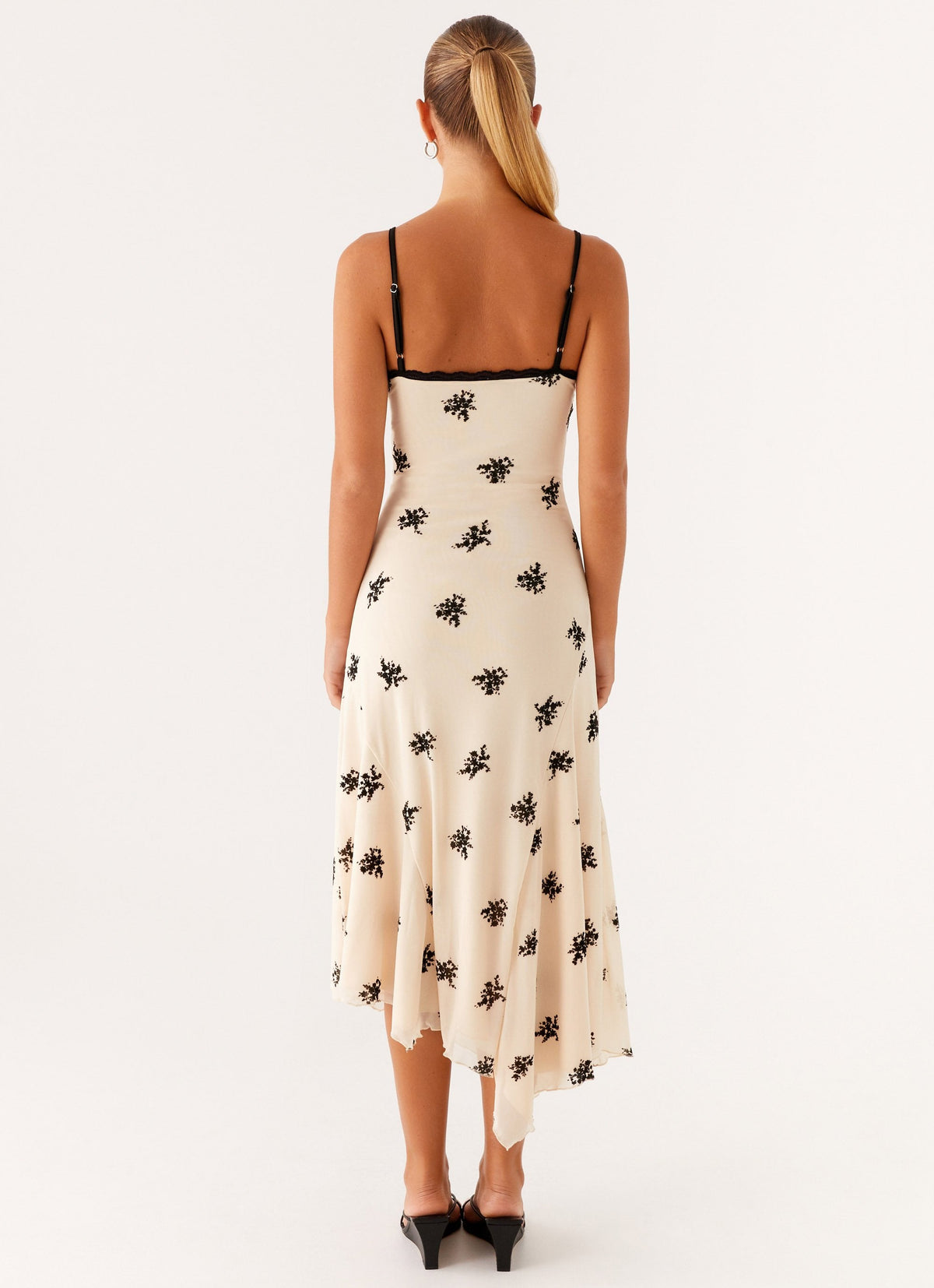 Deep V Neck Lace Trim Star Print Asymmetric Ruffle Midi Dress