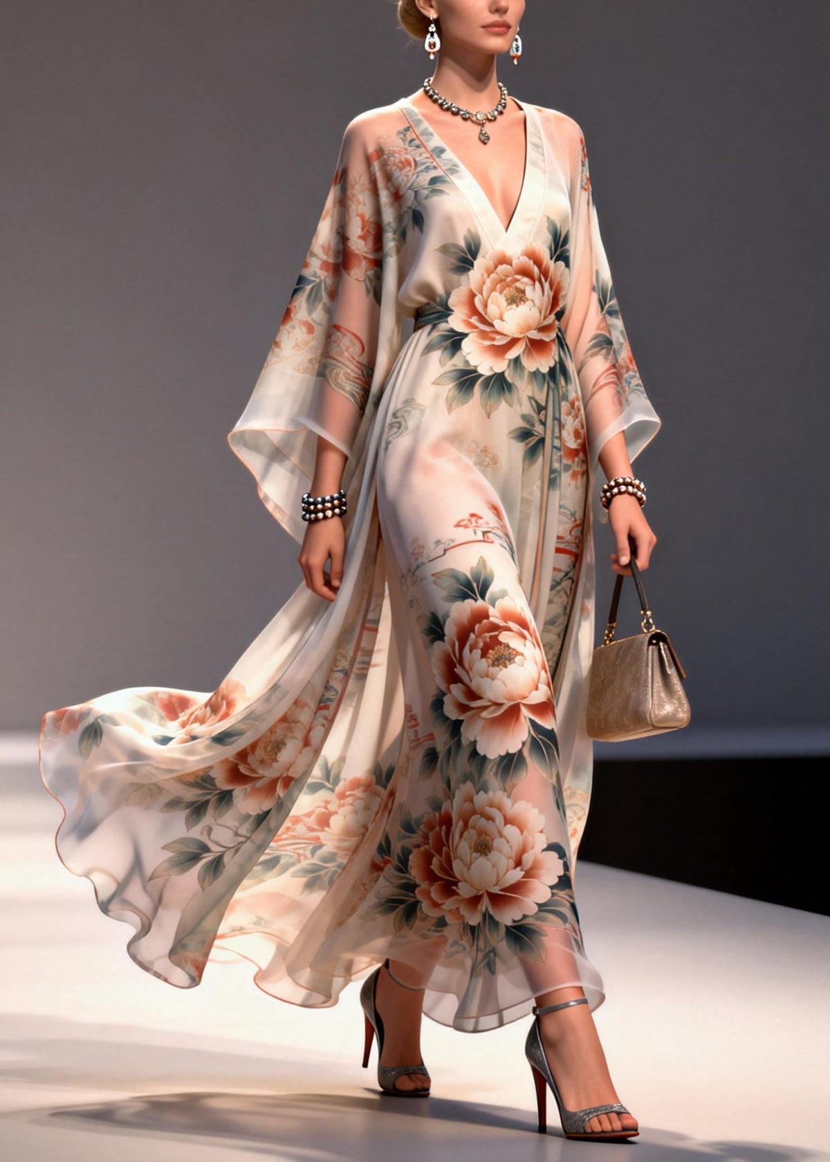 Deep V-Neck Peony Print Balloon Sleeve Sheer Chiffon Maxi Dress
