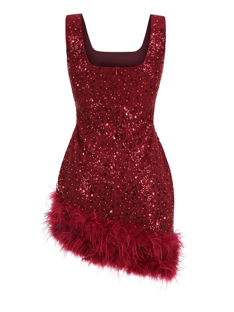 Square Neck Sequin Bodycon Mini Dress with Ostrich Feather Hem