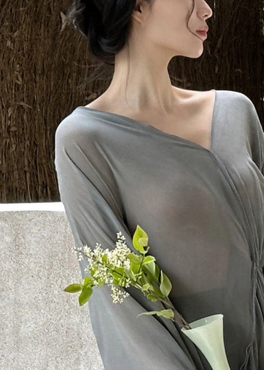 Deep V Neck Billow Sleeve Sheer Draped Maxi Dress
