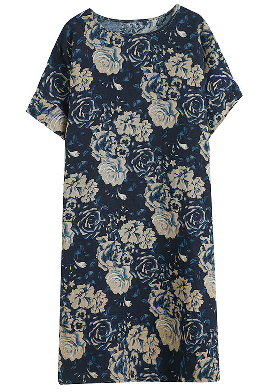 Scoop Neck Short Sleeve Oversized Classic Floral Print Linen Midi Dress