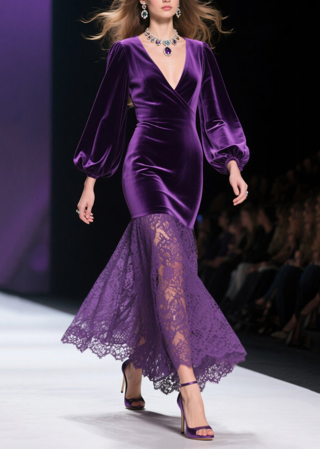 Deep V-Neck Lantern Sleeve Velvet Bodice Floral Lace Mermaid Maxi Gown
