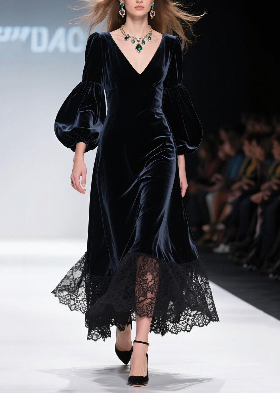 Deep V-Neck Puff Sleeve Lace Trim Scalloped Hem Velvet Midi Dress