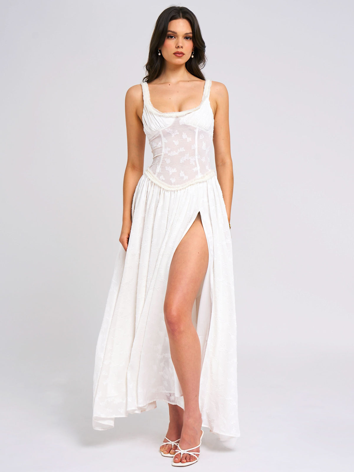 Ruched Bust Corset Waist Ditsy Print High Slit Maxi Dress