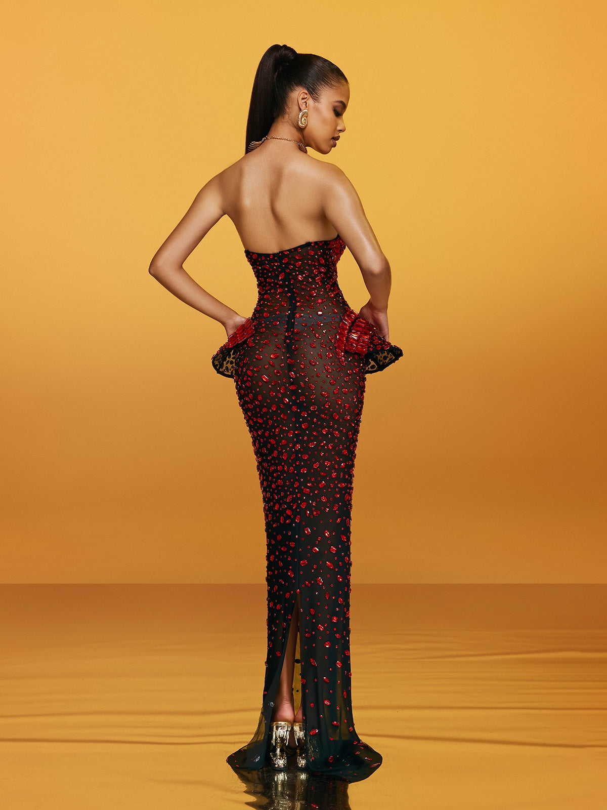 Strapless Sweetheart Keyhole Crystal Peplum Draped Mermaid Gown