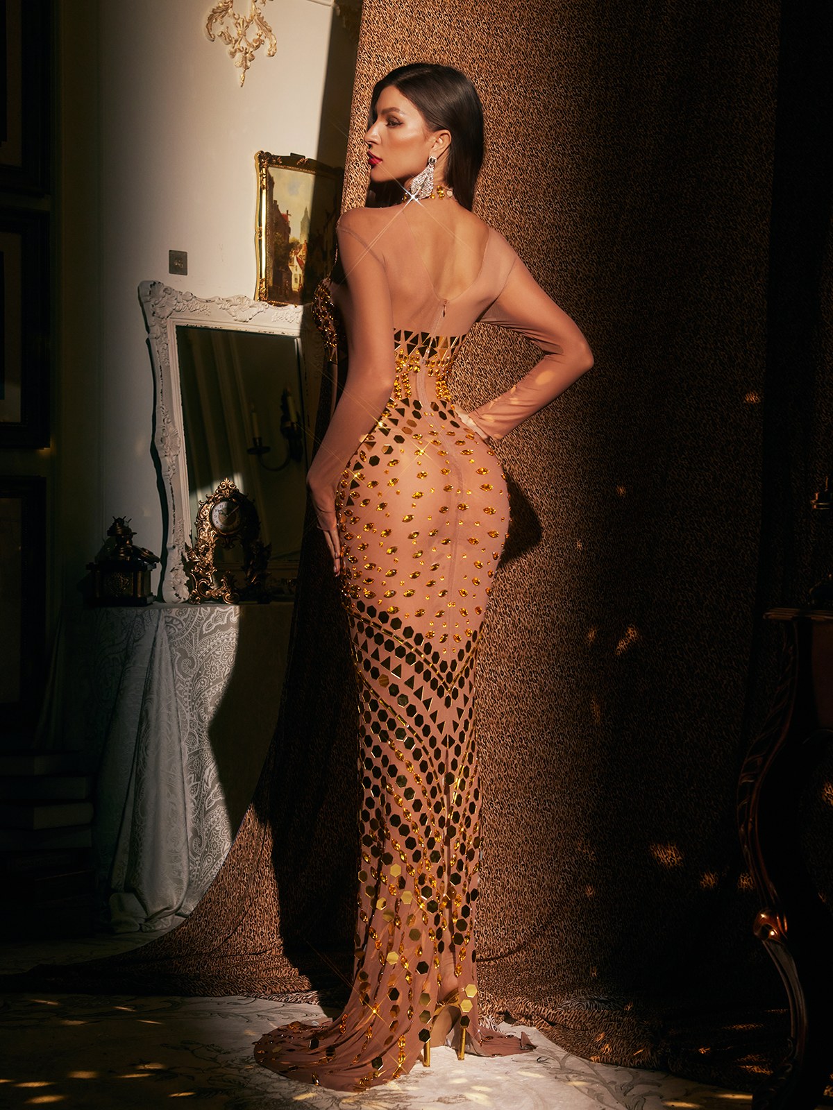 Spaghetti Strap Cutout Rhinestone Mesh Overlay Column Maxi Dress