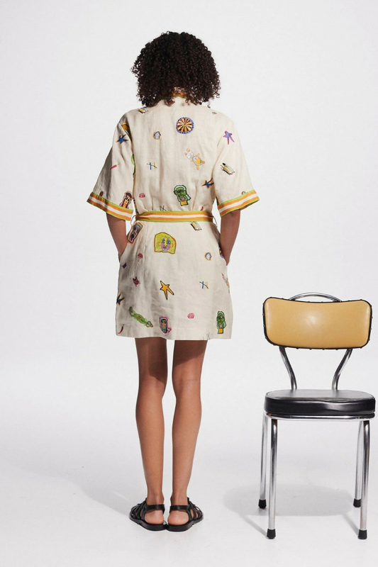 Embroidered Patch Collar Tie Waist Button Front Short Sleeve Romper