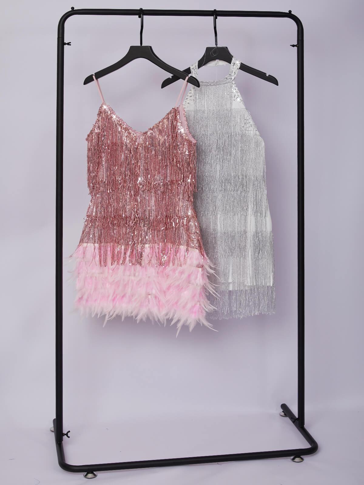 Scoop Neck Spaghetti Strap Sequin Fringe Feather Hem Mini Dress