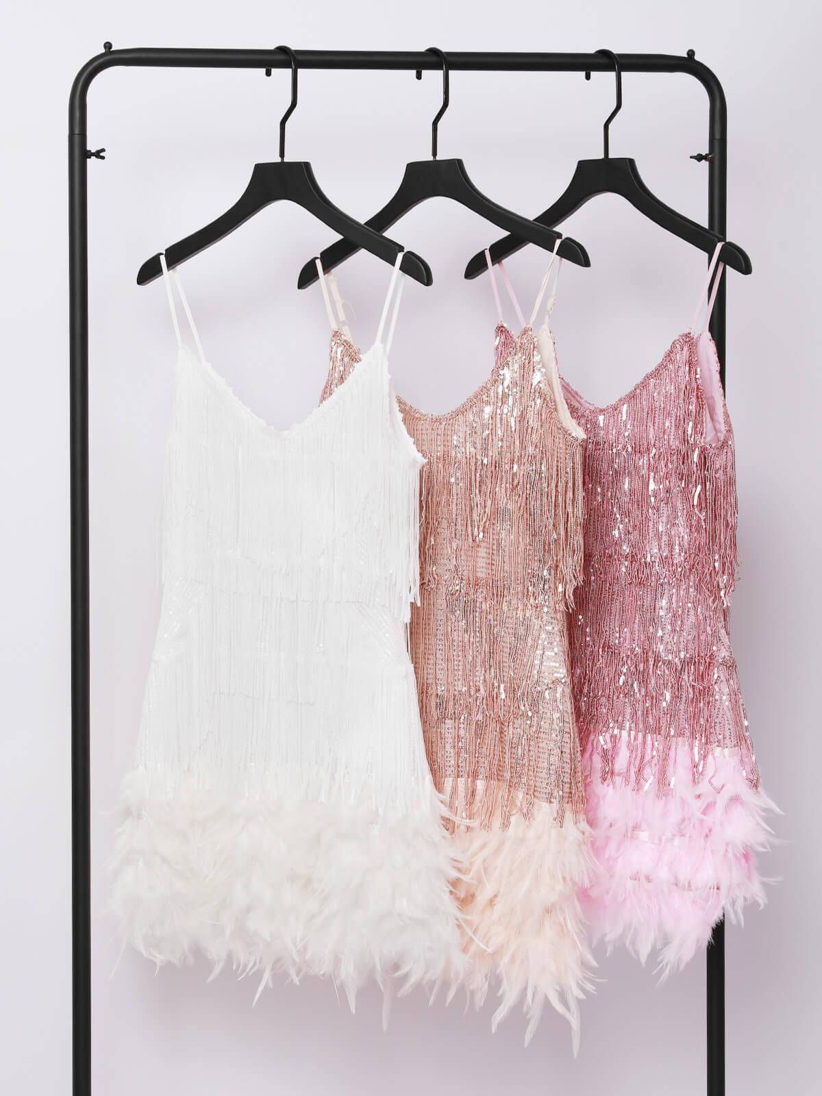 V Neck Tiered Fringe Sequin Feather Hem Mini Dress