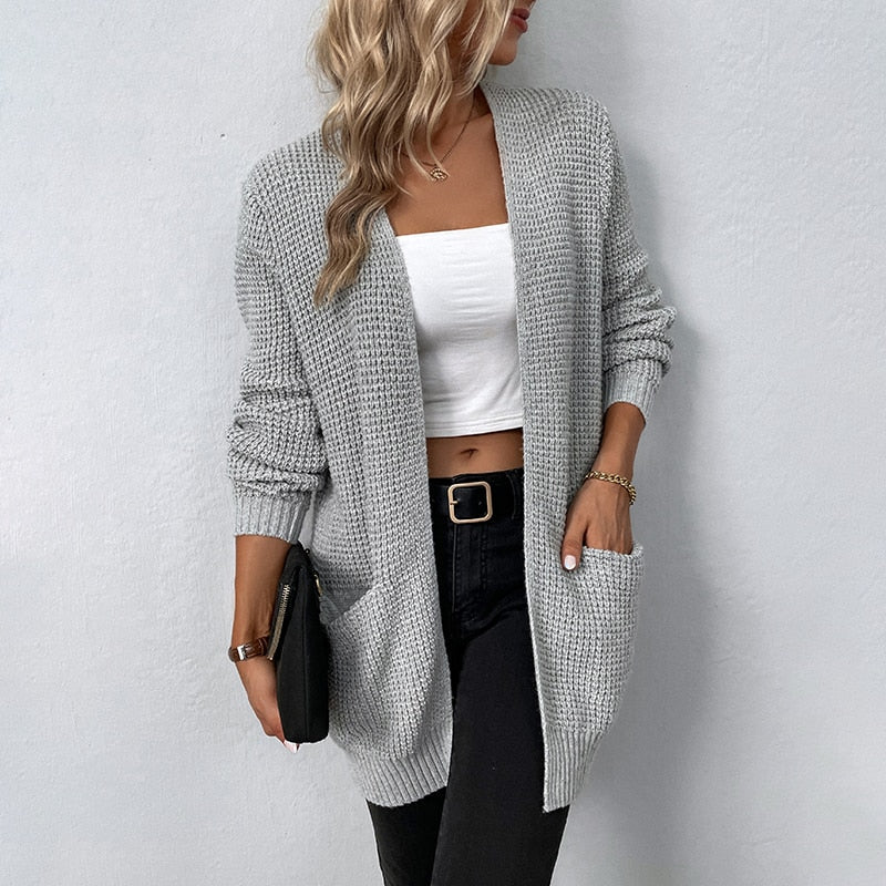Women's Sweater New V-Neck Solid Color Loose Fit Pockets Long Cardigan