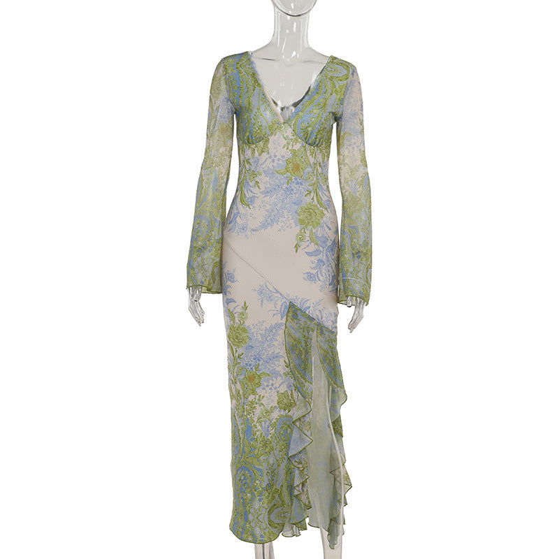 Abstract Floral Print V-Neck Bell Sleeve Ruffle Trim High Slit Maxi Dress