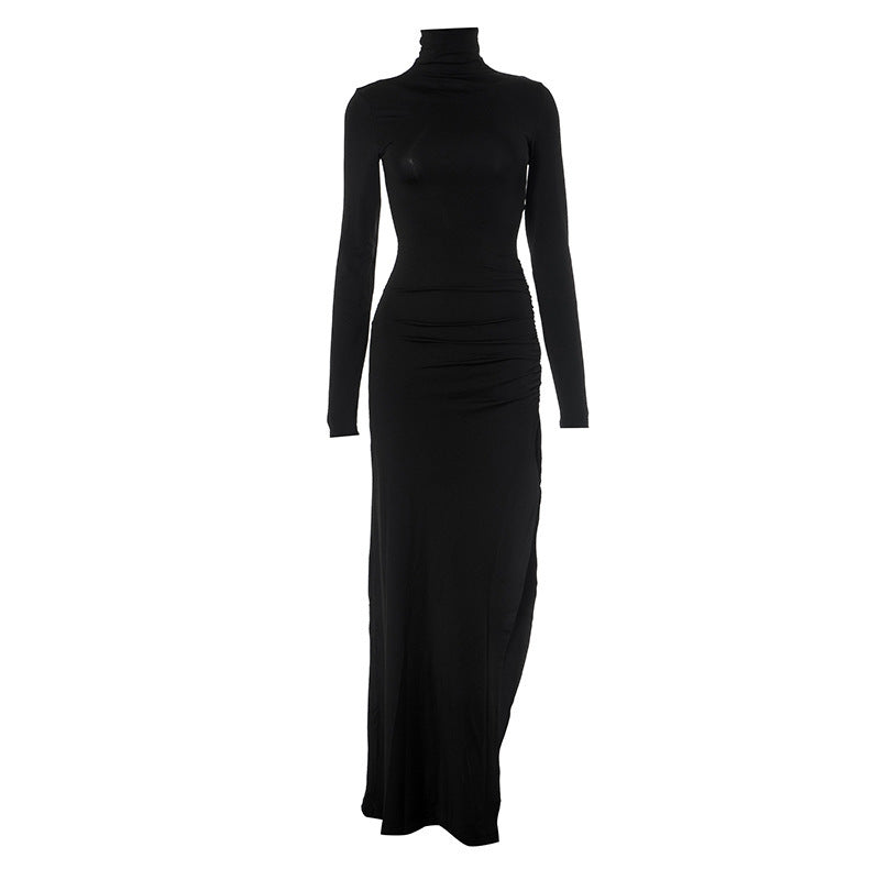 Mock Neck Long Sleeve Ruched Side Slit Bodycon Maxi Dress