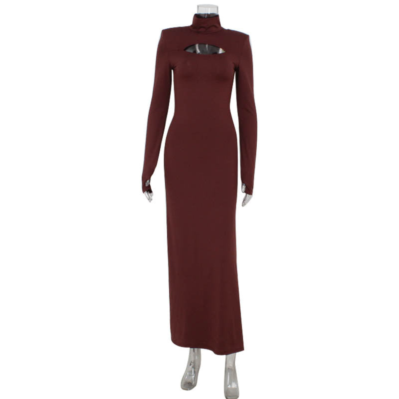 High Neck Chest Cutout Padded Shoulder Bodycon Maxi Dress