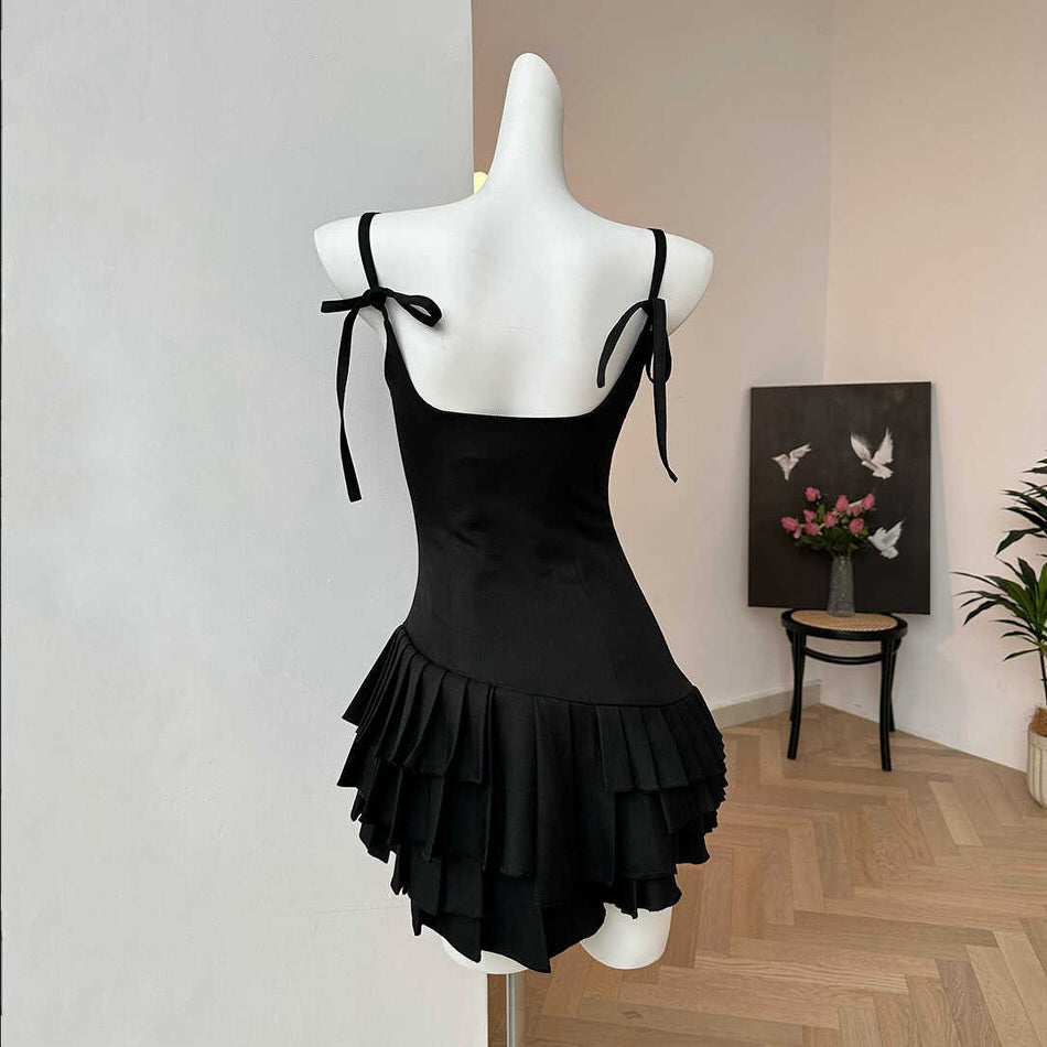Spaghetti Strap Tiered Pleated Architectural Mini Dress