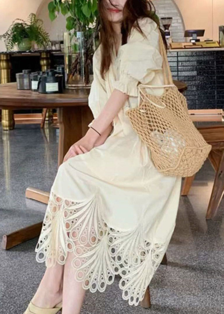 V-Neck Tassel Tie Three-Quarter Puff Sleeve Eyelet Embroidery Hem Midi Dress