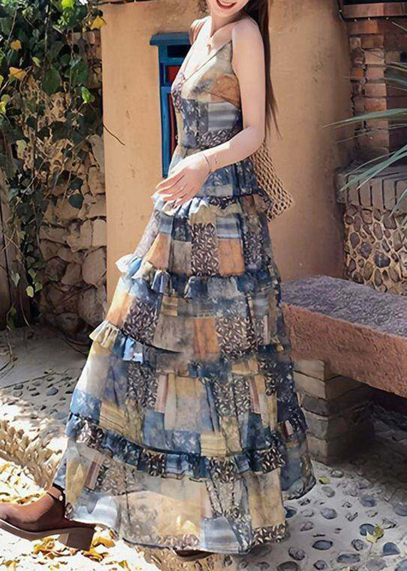 Spaghetti Strap Deep V-Neck Patchwork Print Tiered Ruffle Maxi Dress