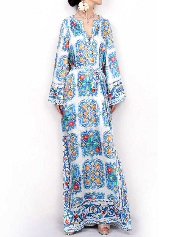Notched V-Neck Bell Sleeve Majolica Tile Print Kaftan Maxi Dress