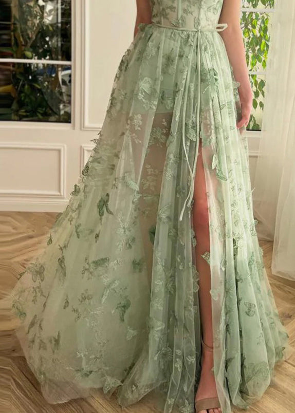 Sweetheart Corset Butterfly Applique High Slit Tulle Gown