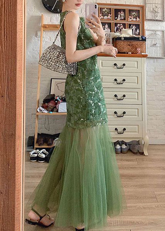 Crew Neck Sleeveless Scalloped Sequin Bodice Sheer Tulle Skirt Maxi Dress