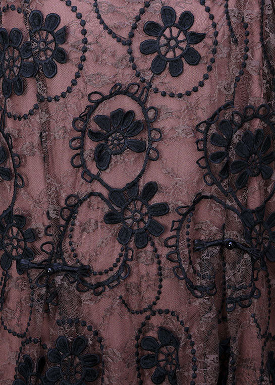 Scalloped Lace Trim Sheer Floral Applique Long Sleeve Layered Maxi Dress