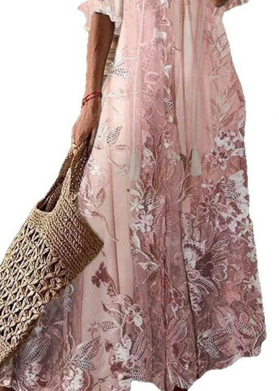 Deep V-Neck Tassel Tie Flutter Sleeve Botanical Print Maxi Dress