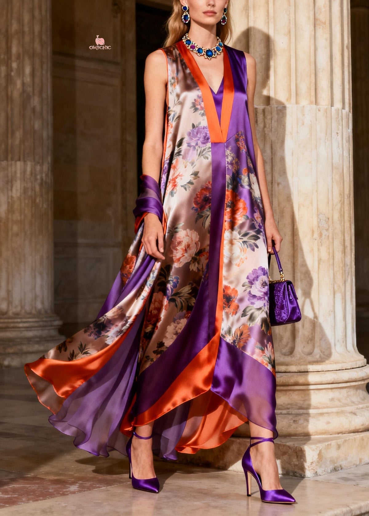 Deep V-Neck Paneled Floral Handkerchief Hem Maxi Dress