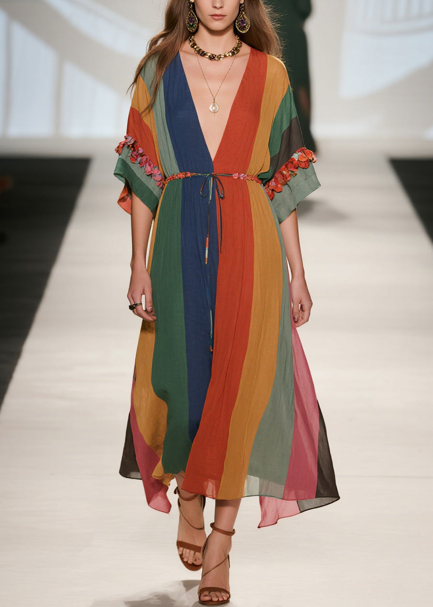 Deep V-Neck Wide Sleeve Floral Pom-Pom Trim Belted Stripe Midi Dress